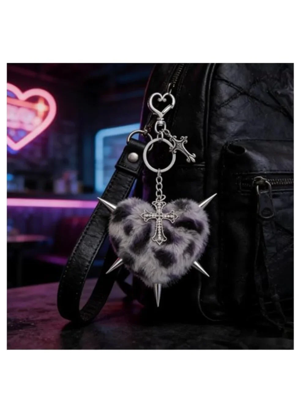 Gothic Punk Plush Heart Keychain with Cross Charm Lobster Clasp Faux Fur